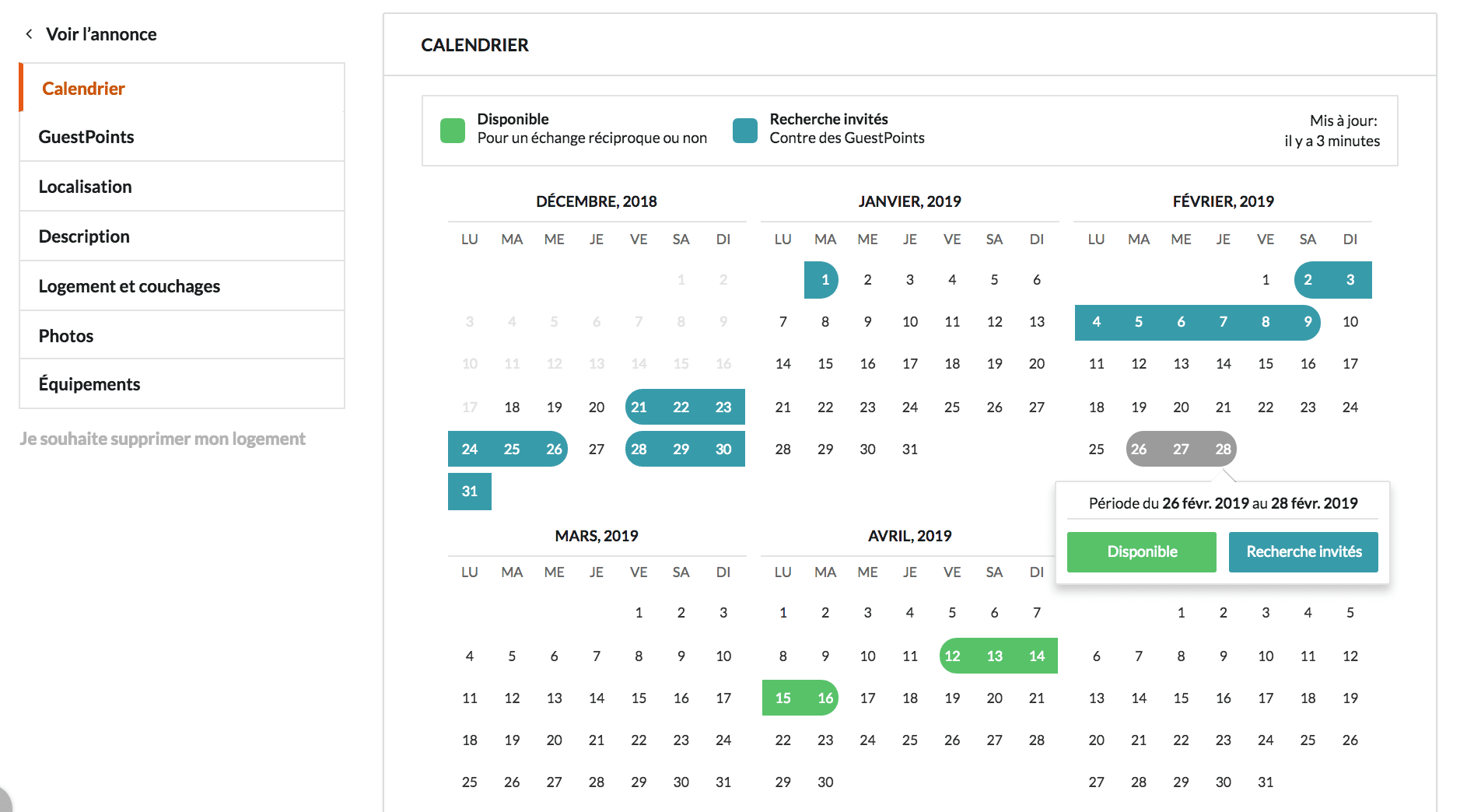 echange de maison calendrier pour indiquer disponibilités HomeExchange